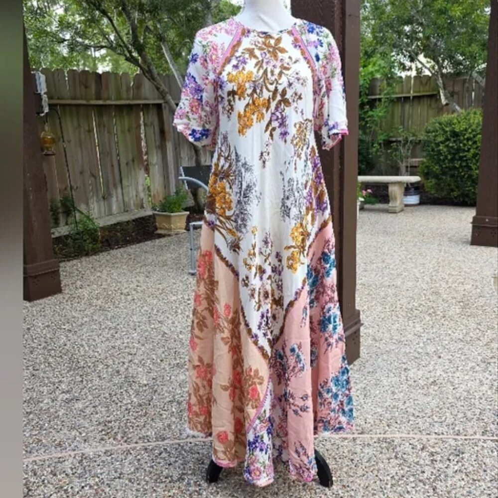 Zara Floral Patchwork Maxi Flowy Sleeve Romantic Boho Dress M